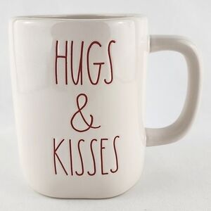 ⭐️2/ $50⭐️ Rae Dunn  Artisan Collection White Mug Red Letters HUGS & KISSES